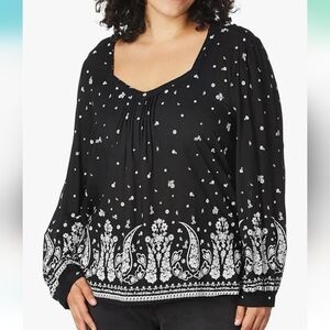 Lucky Brand Women's Peasant Top Size Xlarge Paisley Print Black Boho